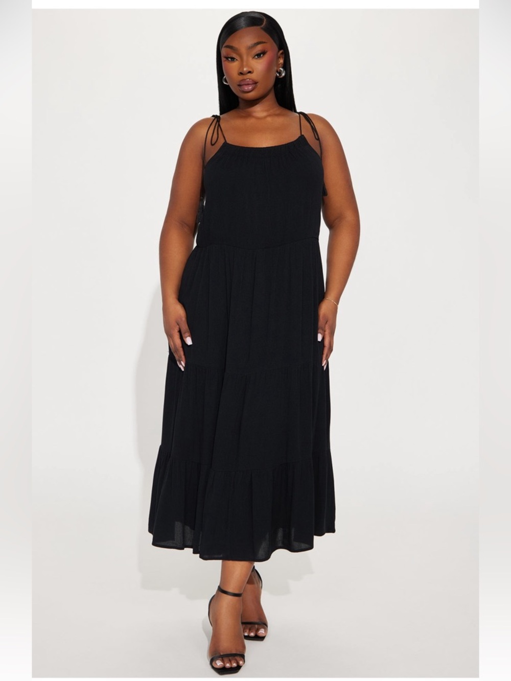 Fashion Nova Black Tiered Maxi Dress with Tie Straps